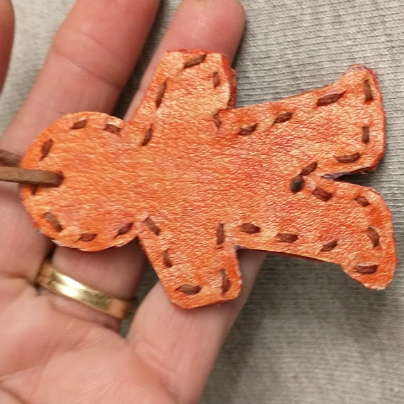 Orange leather gingerbread man Purse charm, key chain, zipper pull. - Picture 2 of 3
